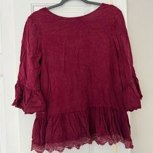 Altar'd State Deep Red Blouse with Lace Trim